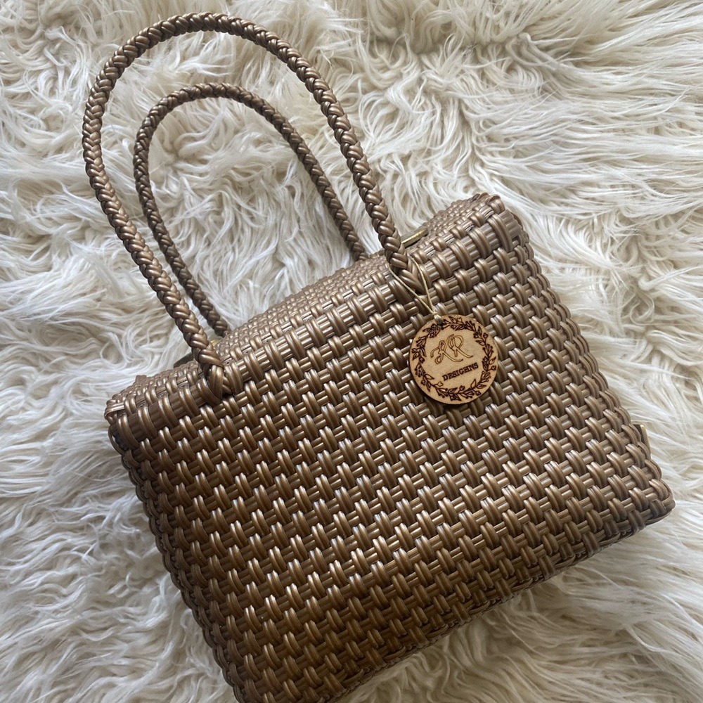 Gold Textured Tote with Intricate Weave